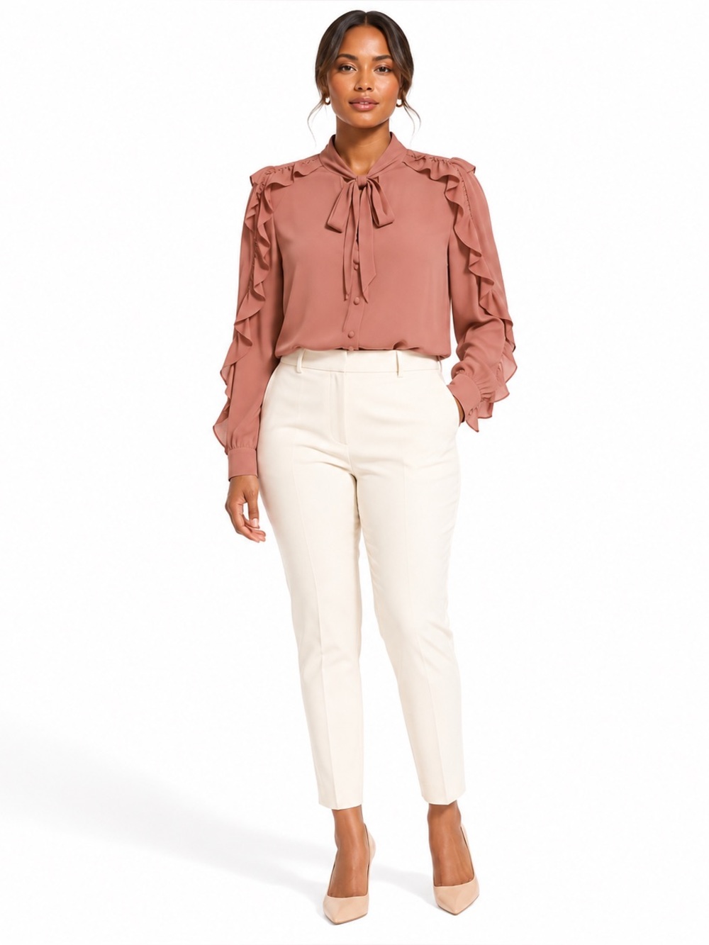 Zara Dusty Rose Tie Neck Ruffle Sleeve Button Front Blouse Pink Size L
